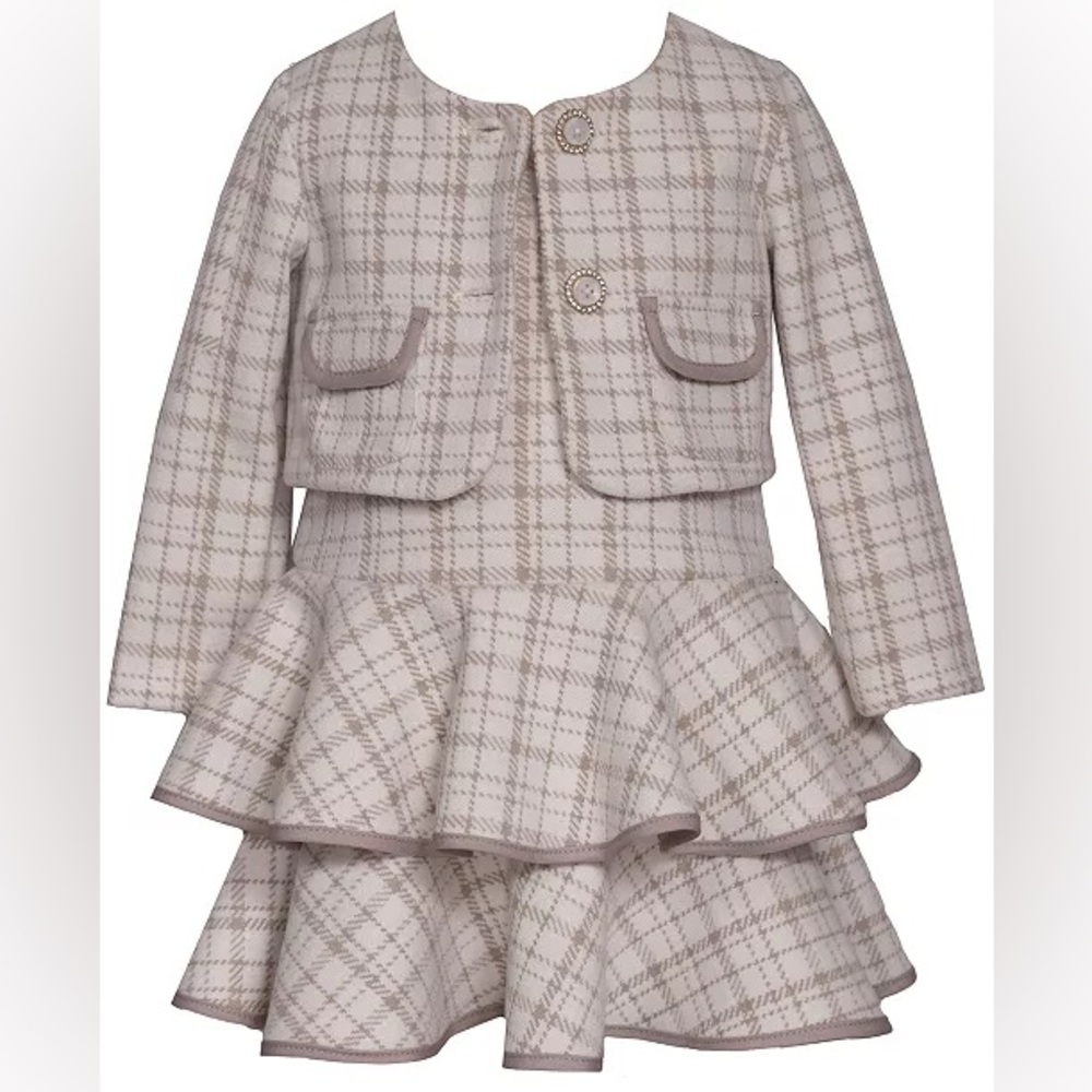 Bonnie Baby Baby Girls' Tiered Plaid Jacket and Dress, Taupe 2-Piece Set